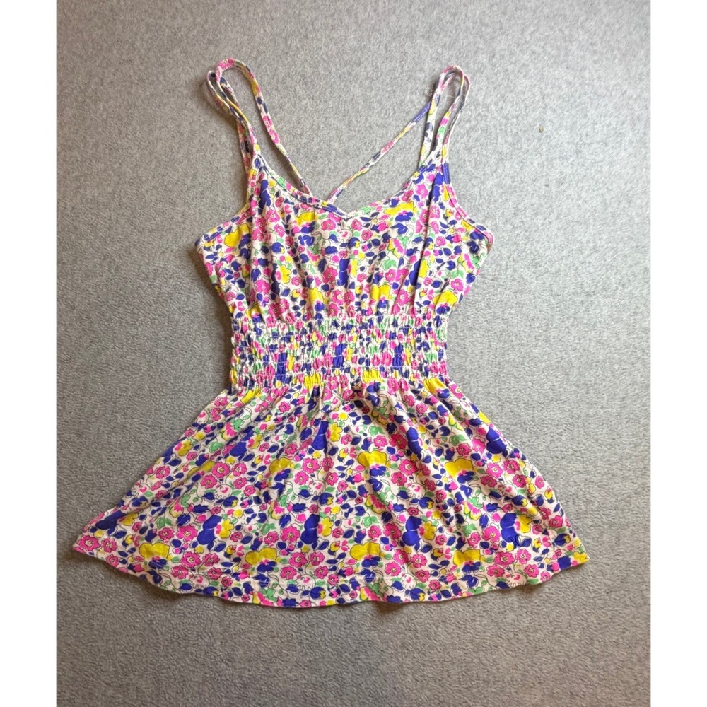 Hurley Girls XS Floral Smocked Peplum Cami Tank Top Multicolored Strappy Back